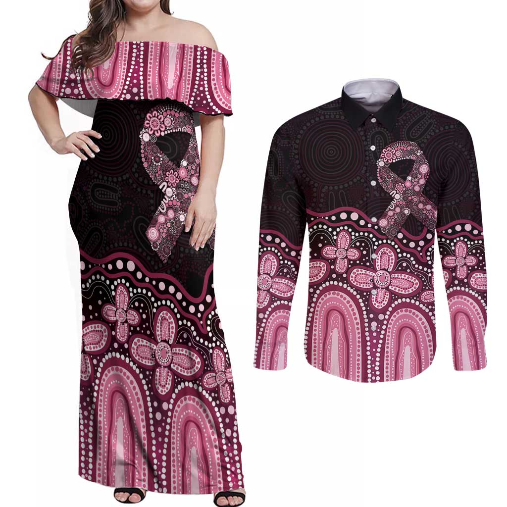 Australia Indigenous Personalized Couples Matching Off Shoulder Maxi Dress and Long Sleeve Button Shirt Aboriginal Pink Ribbon Art