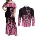 Australia Indigenous Personalized Couples Matching Off Shoulder Maxi Dress and Long Sleeve Button Shirt Aboriginal Pink Ribbon Art