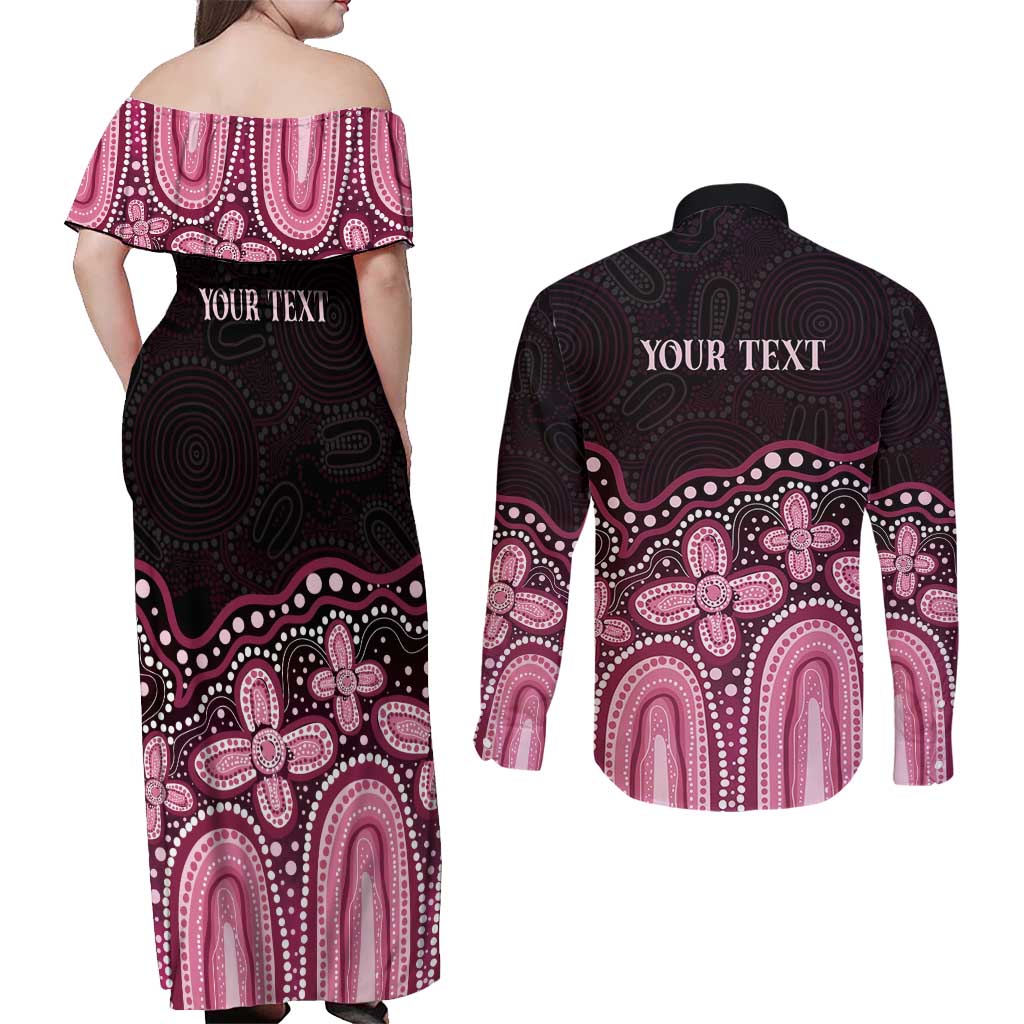 Australia Indigenous Personalized Couples Matching Off Shoulder Maxi Dress and Long Sleeve Button Shirt Aboriginal Pink Ribbon Art