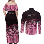 Australia Indigenous Personalized Couples Matching Off Shoulder Maxi Dress and Long Sleeve Button Shirt Aboriginal Pink Ribbon Art