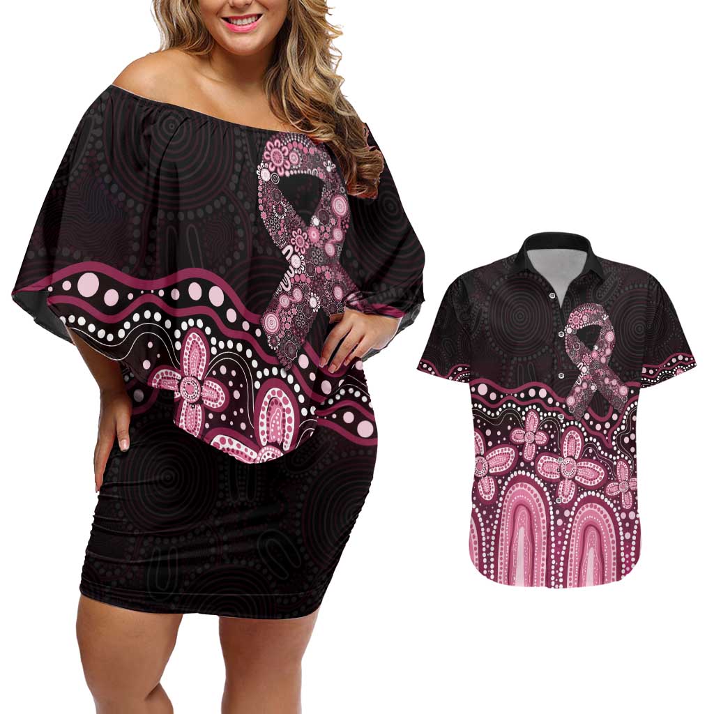 Australia Indigenous Personalized Couples Matching Off Shoulder Short Dress and Hawaiian Shirt Aboriginal Pink Ribbon Art