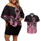 Australia Indigenous Personalized Couples Matching Off Shoulder Short Dress and Hawaiian Shirt Aboriginal Pink Ribbon Art