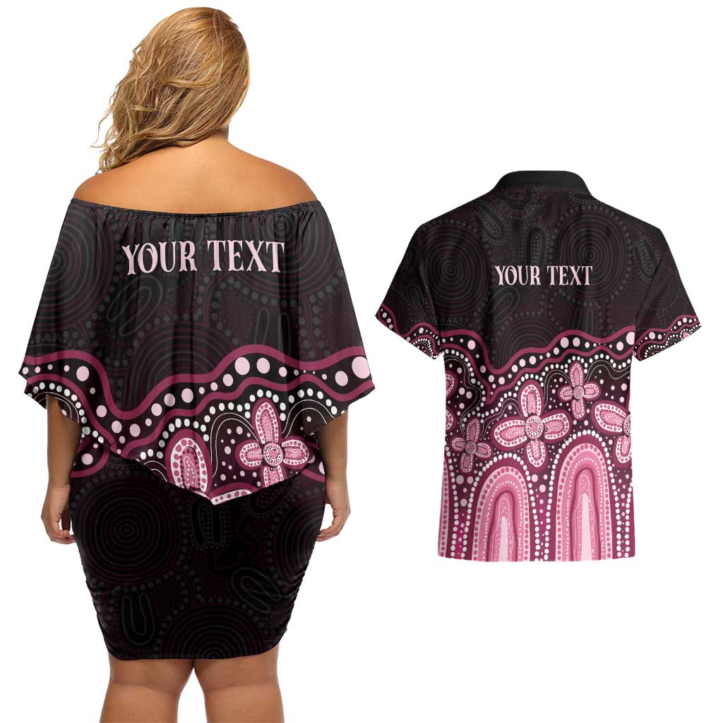Australia Indigenous Personalized Couples Matching Off Shoulder Short Dress and Hawaiian Shirt Aboriginal Pink Ribbon Art