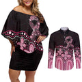 Australia Indigenous Personalized Couples Matching Off Shoulder Short Dress and Long Sleeve Button Shirt Aboriginal Pink Ribbon Art