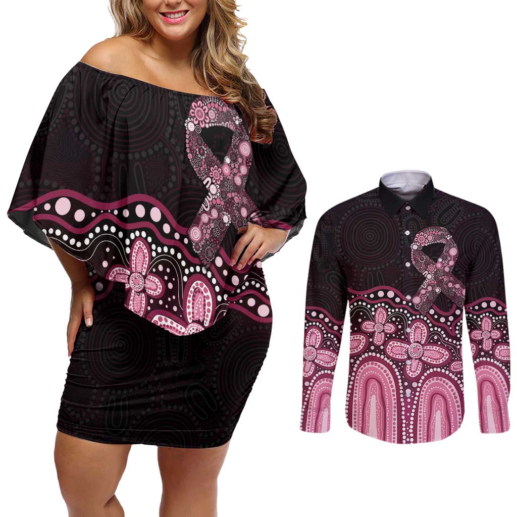 Australia Indigenous Personalized Couples Matching Off Shoulder Short Dress and Long Sleeve Button Shirt Aboriginal Pink Ribbon Art