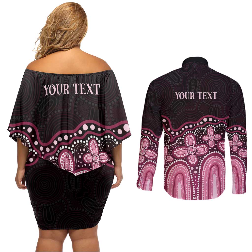 Australia Indigenous Personalized Couples Matching Off Shoulder Short Dress and Long Sleeve Button Shirt Aboriginal Pink Ribbon Art