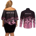 Australia Indigenous Personalized Couples Matching Off Shoulder Short Dress and Long Sleeve Button Shirt Aboriginal Pink Ribbon Art