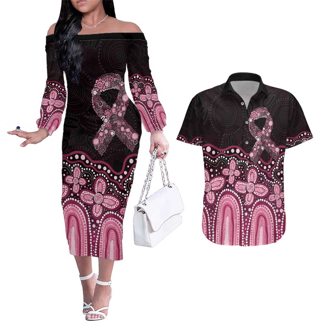 Australia Indigenous Personalized Couples Matching Off The Shoulder Long Sleeve Dress and Hawaiian Shirt Aboriginal Pink Ribbon Art