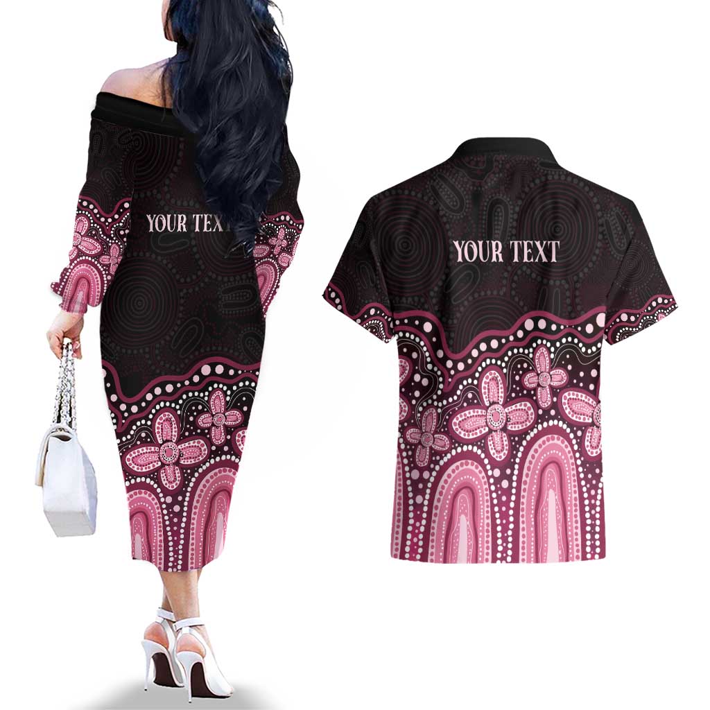 Australia Indigenous Personalized Couples Matching Off The Shoulder Long Sleeve Dress and Hawaiian Shirt Aboriginal Pink Ribbon Art