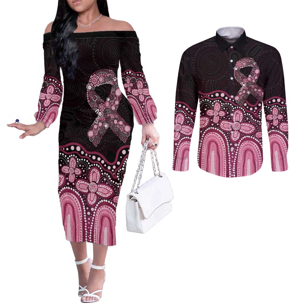 Australia Indigenous Personalized Couples Matching Off The Shoulder Long Sleeve Dress and Long Sleeve Button Shirt Aboriginal Pink Ribbon Art
