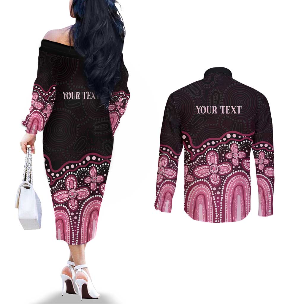 Australia Indigenous Personalized Couples Matching Off The Shoulder Long Sleeve Dress and Long Sleeve Button Shirt Aboriginal Pink Ribbon Art