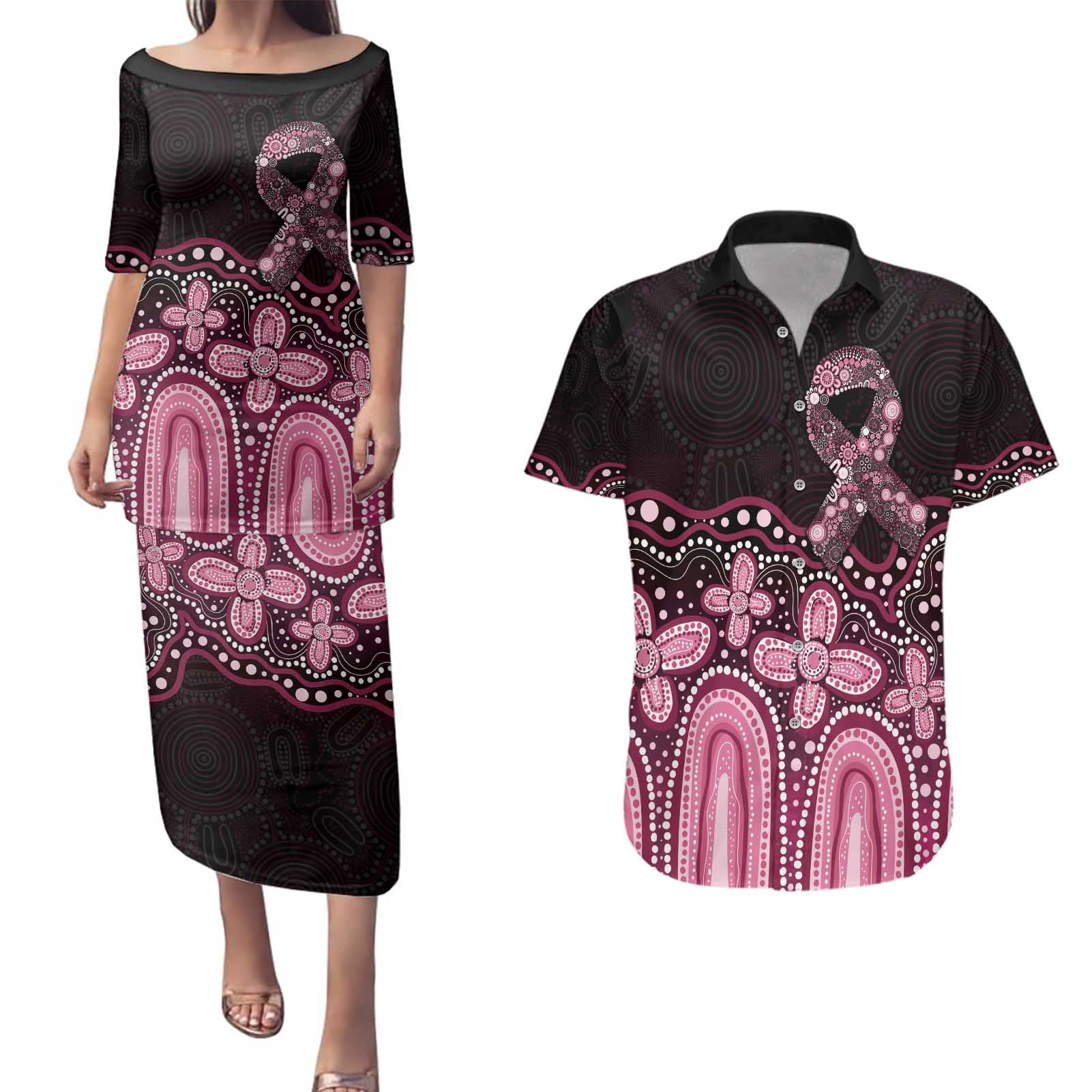 Australia Indigenous Personalized Couples Matching Puletasi and Hawaiian Shirt Aboriginal Pink Ribbon Art