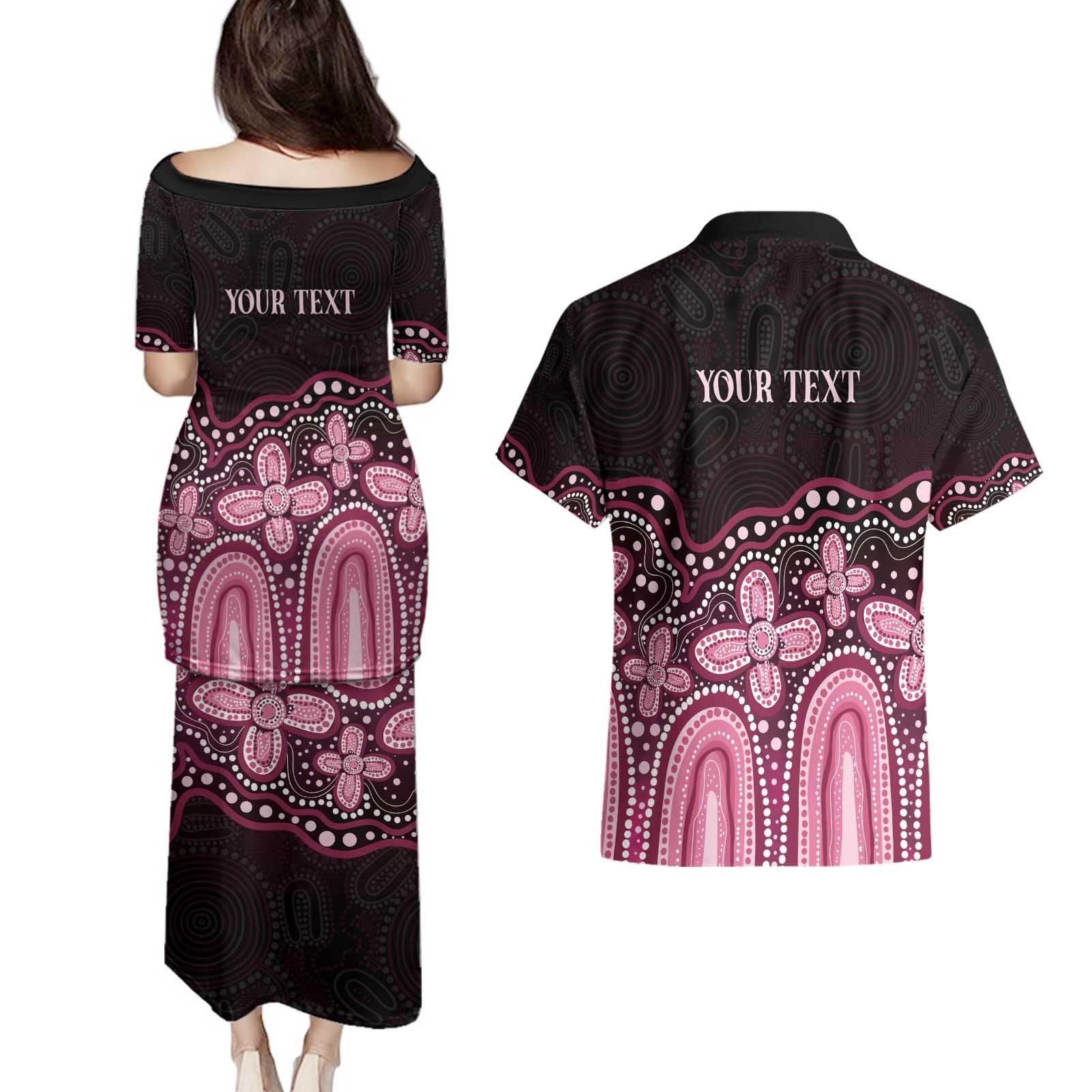 Australia Indigenous Personalized Couples Matching Puletasi and Hawaiian Shirt Aboriginal Pink Ribbon Art