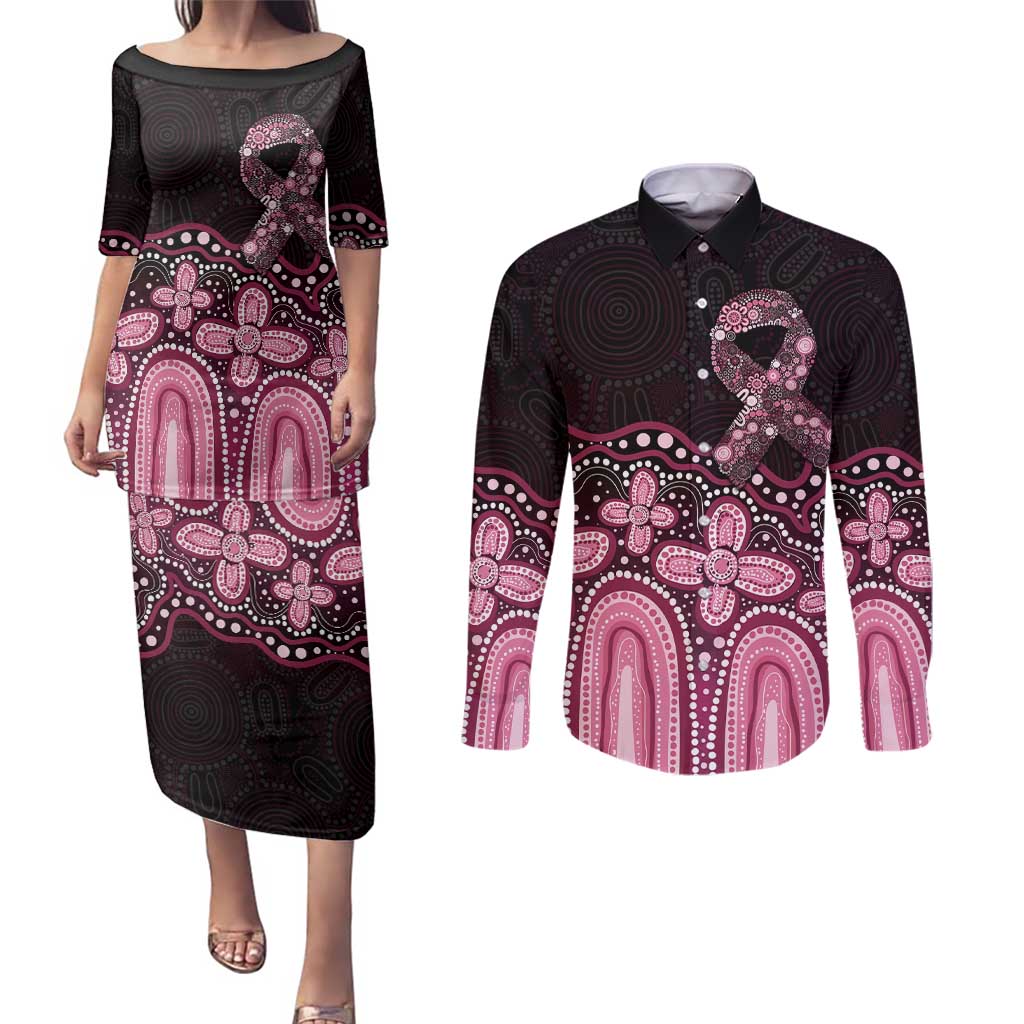 Australia Indigenous Personalized Couples Matching Puletasi and Long Sleeve Button Shirt Aboriginal Pink Ribbon Art