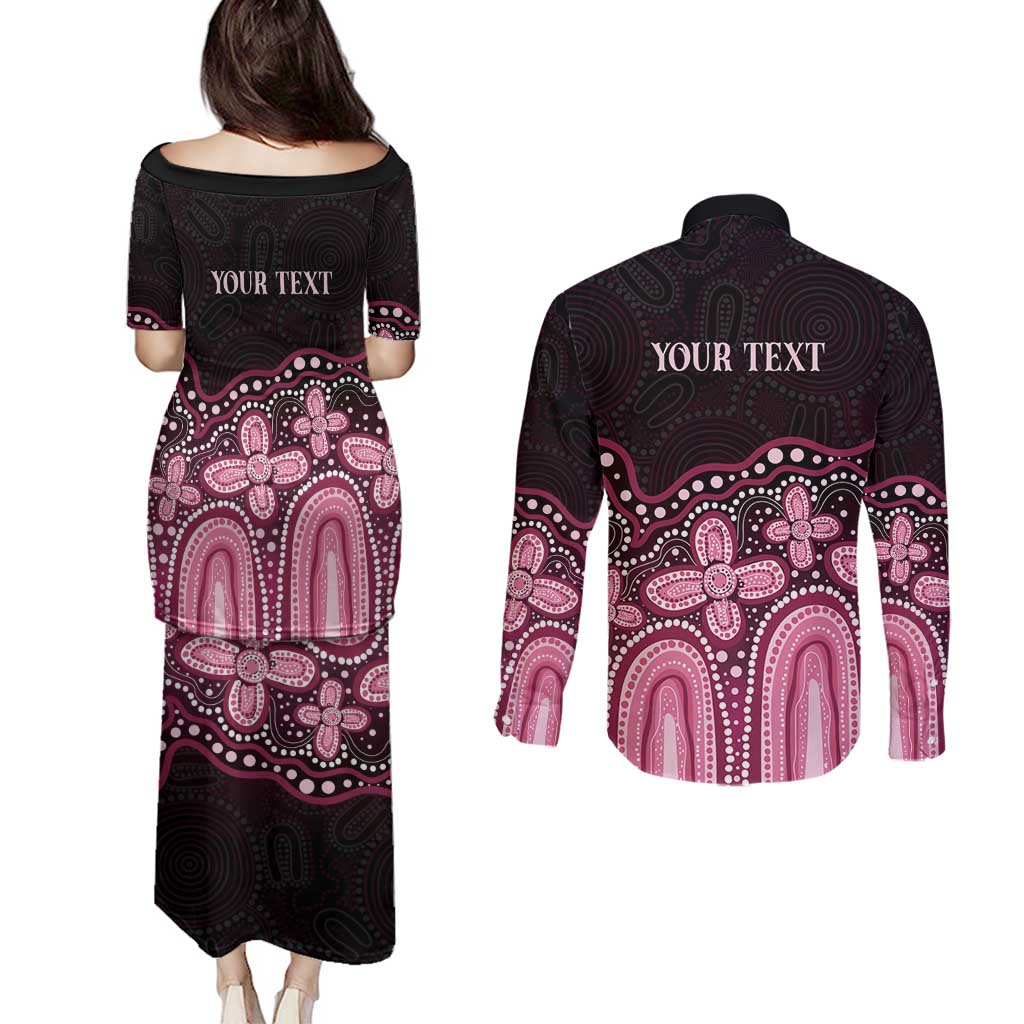 Australia Indigenous Personalized Couples Matching Puletasi and Long Sleeve Button Shirt Aboriginal Pink Ribbon Art