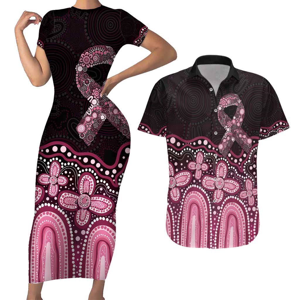 Australia Indigenous Personalized Couples Matching Short Sleeve Bodycon Dress and Hawaiian Shirt Aboriginal Pink Ribbon Art