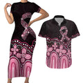 Australia Indigenous Personalized Couples Matching Short Sleeve Bodycon Dress and Hawaiian Shirt Aboriginal Pink Ribbon Art