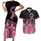 Australia Indigenous Personalized Couples Matching Short Sleeve Bodycon Dress and Hawaiian Shirt Aboriginal Pink Ribbon Art