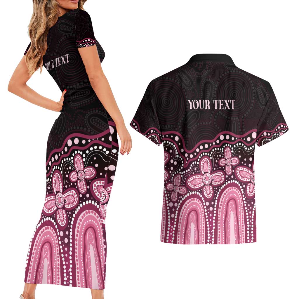 Australia Indigenous Personalized Couples Matching Short Sleeve Bodycon Dress and Hawaiian Shirt Aboriginal Pink Ribbon Art