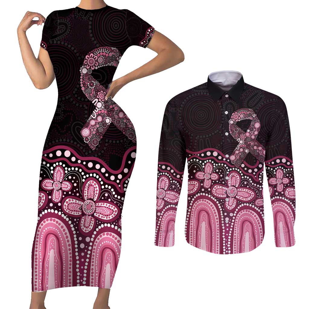 Australia Indigenous Personalized Couples Matching Short Sleeve Bodycon Dress and Long Sleeve Button Shirt Aboriginal Pink Ribbon Art
