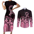 Australia Indigenous Personalized Couples Matching Short Sleeve Bodycon Dress and Long Sleeve Button Shirt Aboriginal Pink Ribbon Art