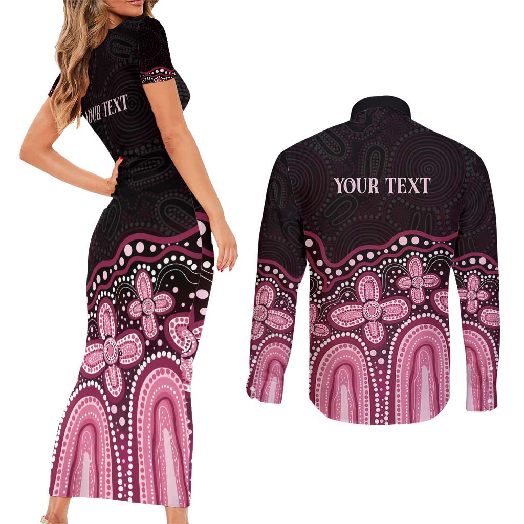 Australia Indigenous Personalized Couples Matching Short Sleeve Bodycon Dress and Long Sleeve Button Shirt Aboriginal Pink Ribbon Art