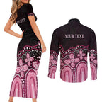 Australia Indigenous Personalized Couples Matching Short Sleeve Bodycon Dress and Long Sleeve Button Shirt Aboriginal Pink Ribbon Art
