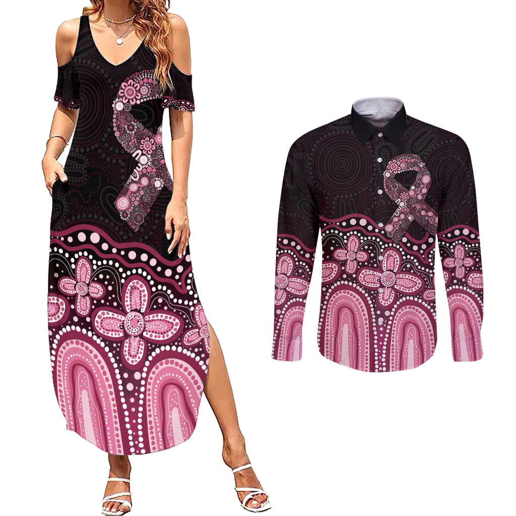 Australia Indigenous Personalized Couples Matching Summer Maxi Dress and Long Sleeve Button Shirt Aboriginal Pink Ribbon Art
