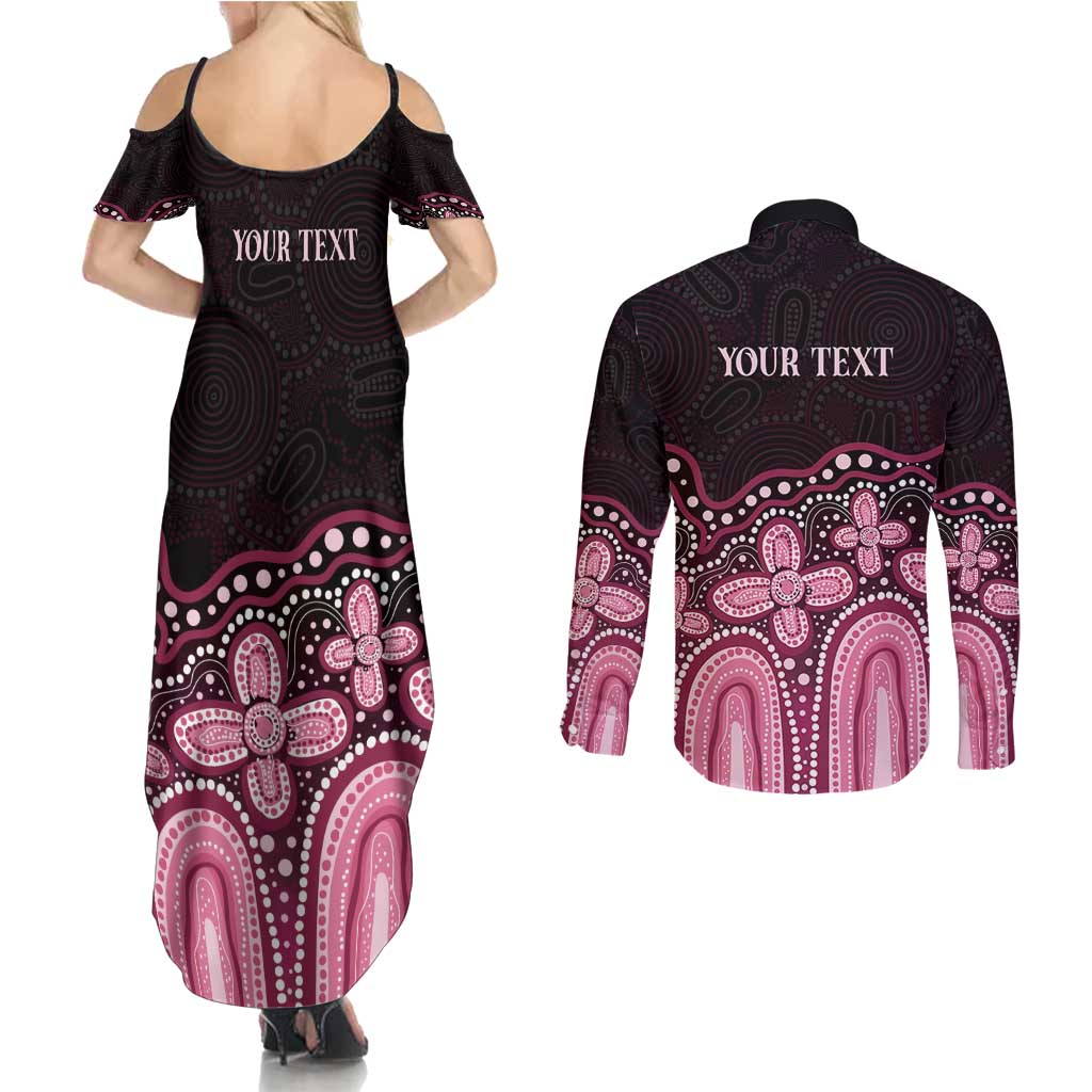 Australia Indigenous Personalized Couples Matching Summer Maxi Dress and Long Sleeve Button Shirt Aboriginal Pink Ribbon Art