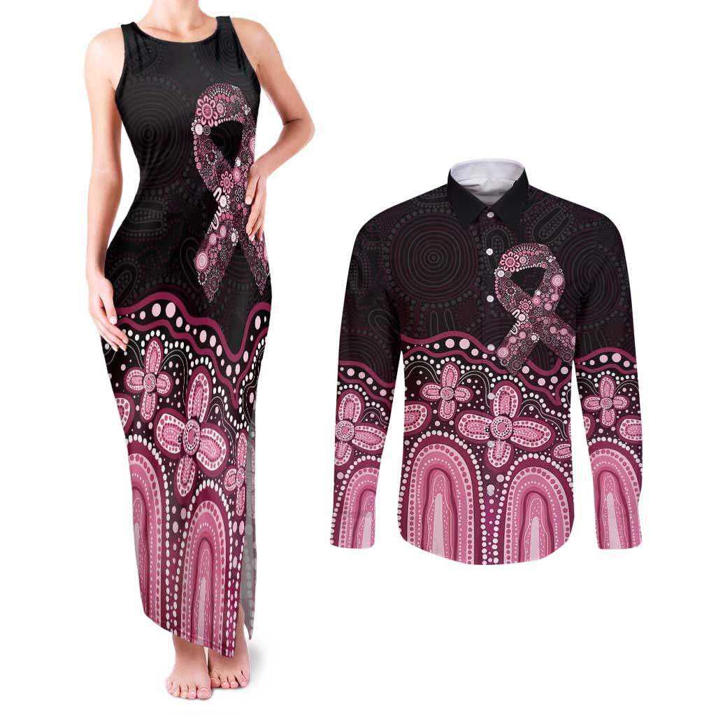 Australia Indigenous Personalized Couples Matching Tank Maxi Dress and Long Sleeve Button Shirt Aboriginal Pink Ribbon Art