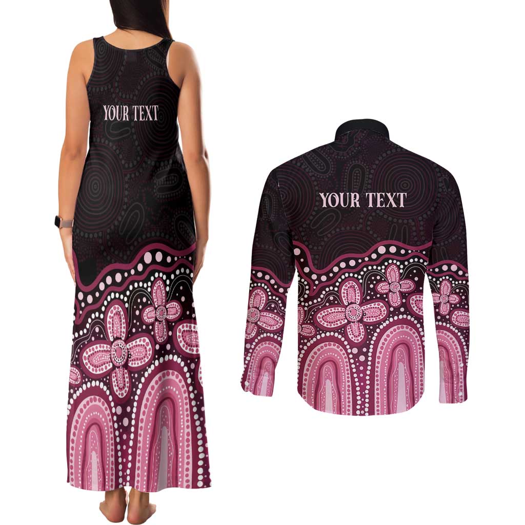 Australia Indigenous Personalized Couples Matching Tank Maxi Dress and Long Sleeve Button Shirt Aboriginal Pink Ribbon Art