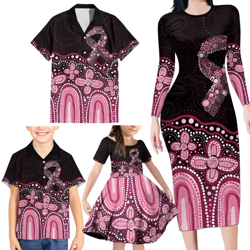 Australia Indigenous Personalized Family Matching Long Sleeve Bodycon Dress and Hawaiian Shirt Aboriginal Pink Ribbon Art