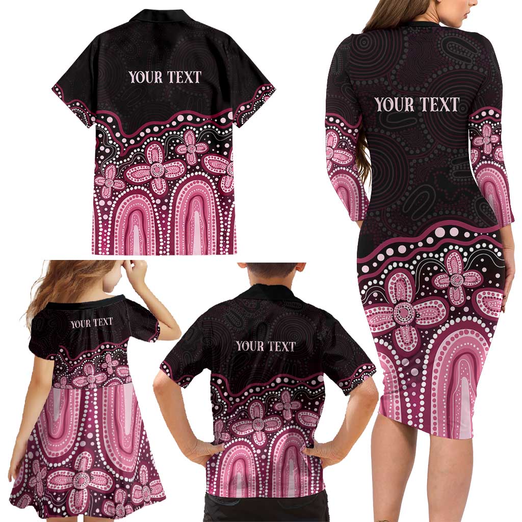 Australia Indigenous Personalized Family Matching Long Sleeve Bodycon Dress and Hawaiian Shirt Aboriginal Pink Ribbon Art