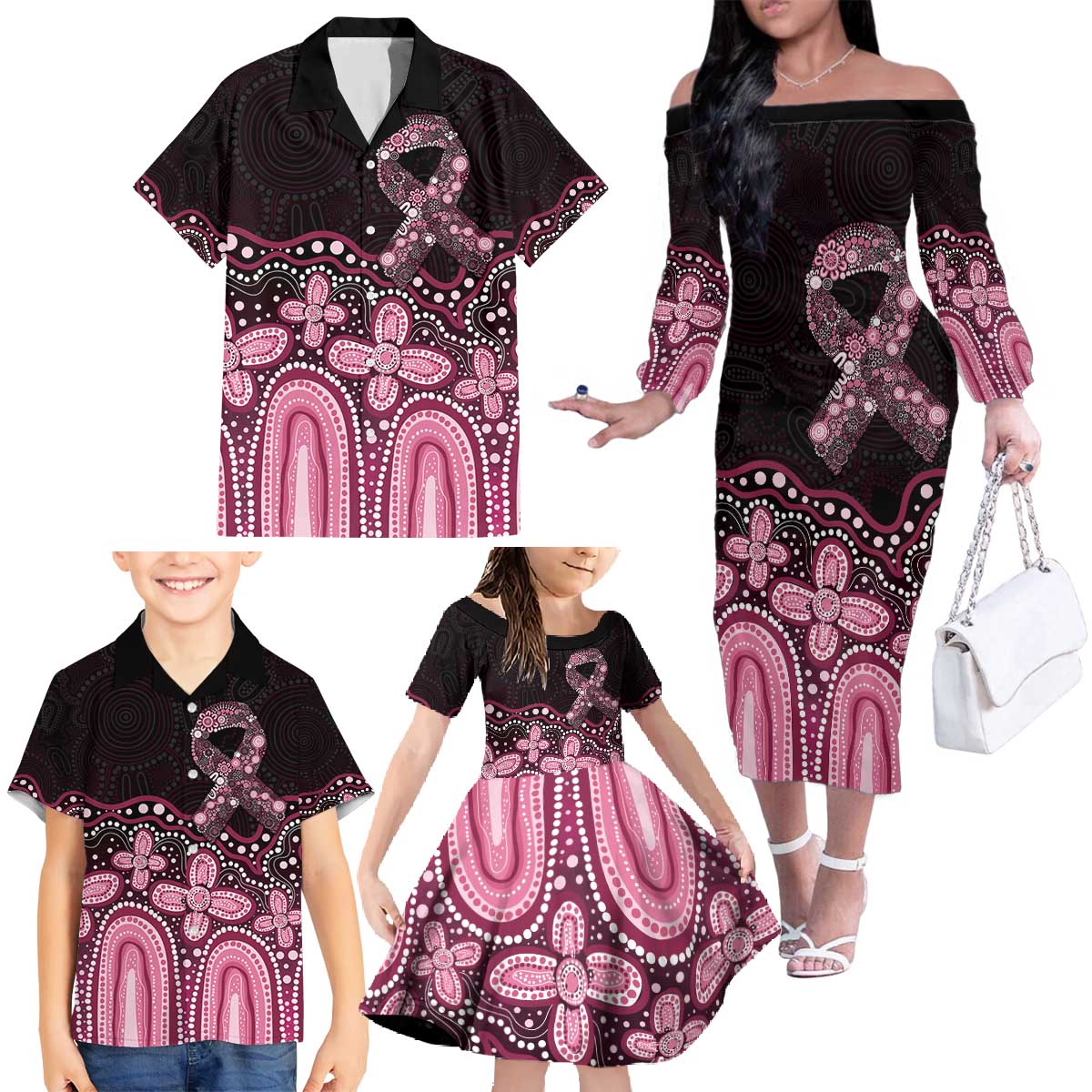 Australia Indigenous Personalized Family Matching Off The Shoulder Long Sleeve Dress and Hawaiian Shirt Aboriginal Pink Ribbon Art