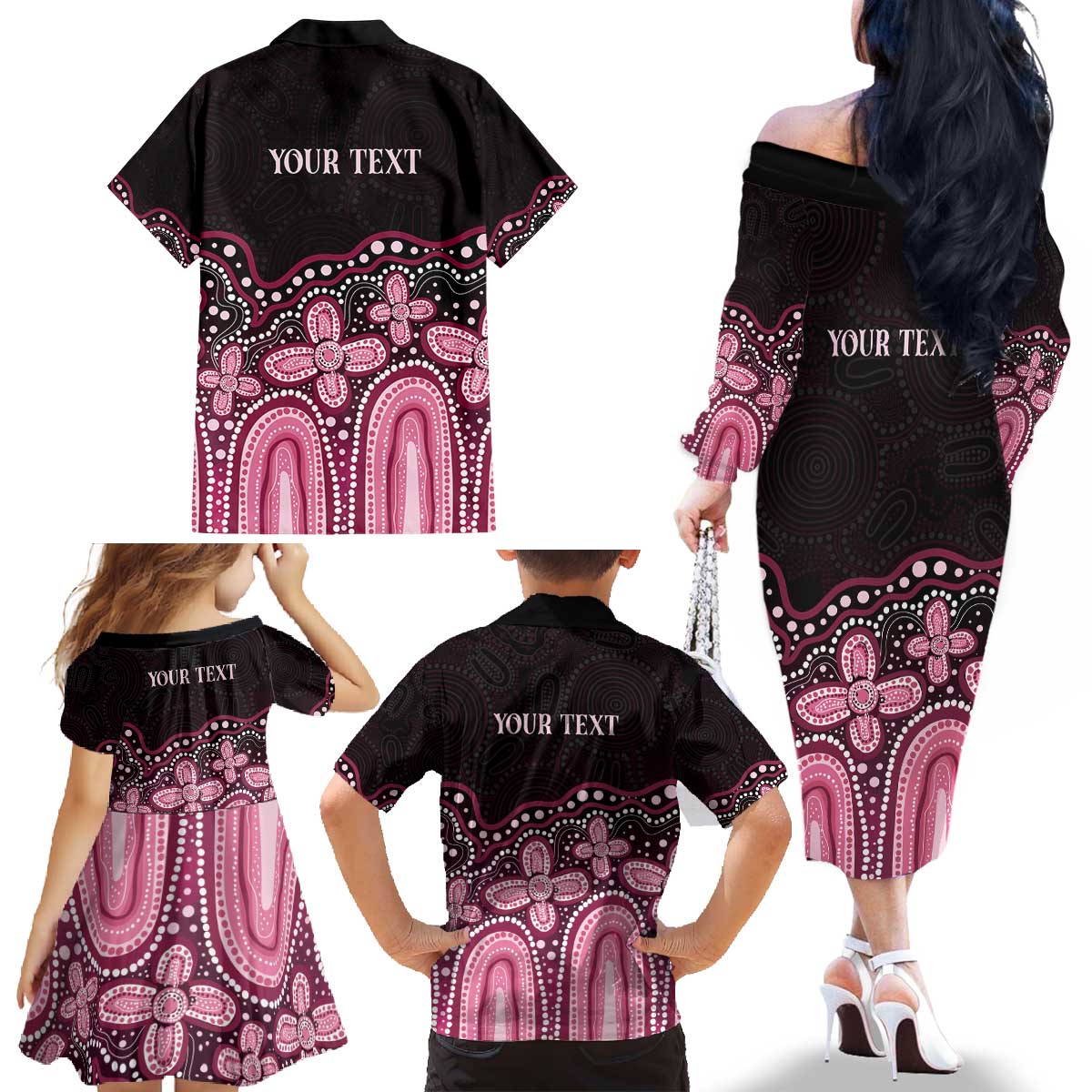 Australia Indigenous Personalized Family Matching Off The Shoulder Long Sleeve Dress and Hawaiian Shirt Aboriginal Pink Ribbon Art