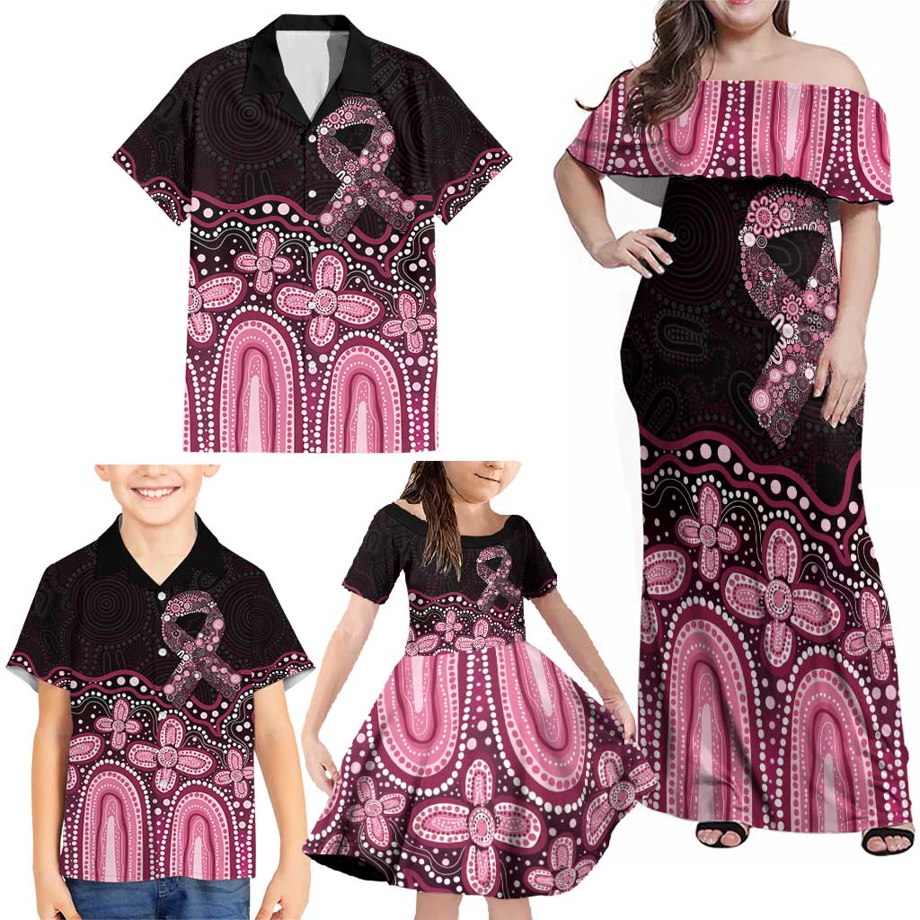 Australia Indigenous Personalized Family Matching Off Shoulder Maxi Dress and Hawaiian Shirt Aboriginal Pink Ribbon Art