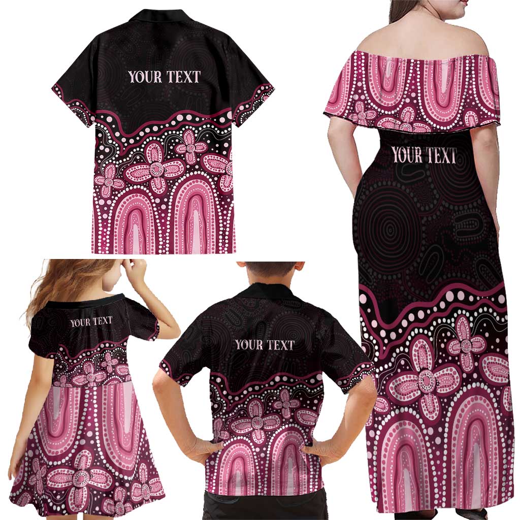 Australia Indigenous Personalized Family Matching Off Shoulder Maxi Dress and Hawaiian Shirt Aboriginal Pink Ribbon Art