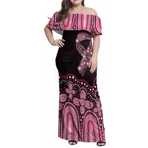 Australia Indigenous Personalized Family Matching Off Shoulder Maxi Dress and Hawaiian Shirt Aboriginal Pink Ribbon Art