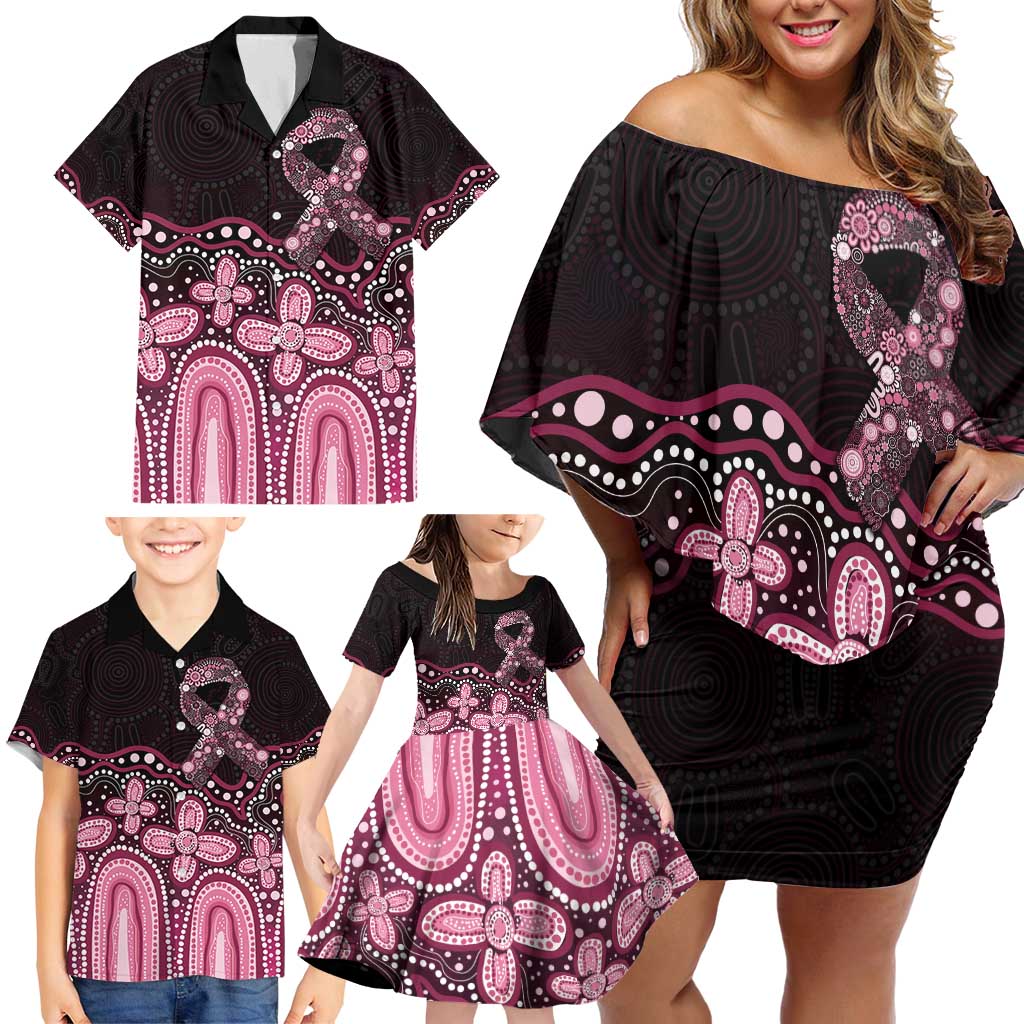 Australia Indigenous Personalized Family Matching Off Shoulder Short Dress and Hawaiian Shirt Aboriginal Pink Ribbon Art
