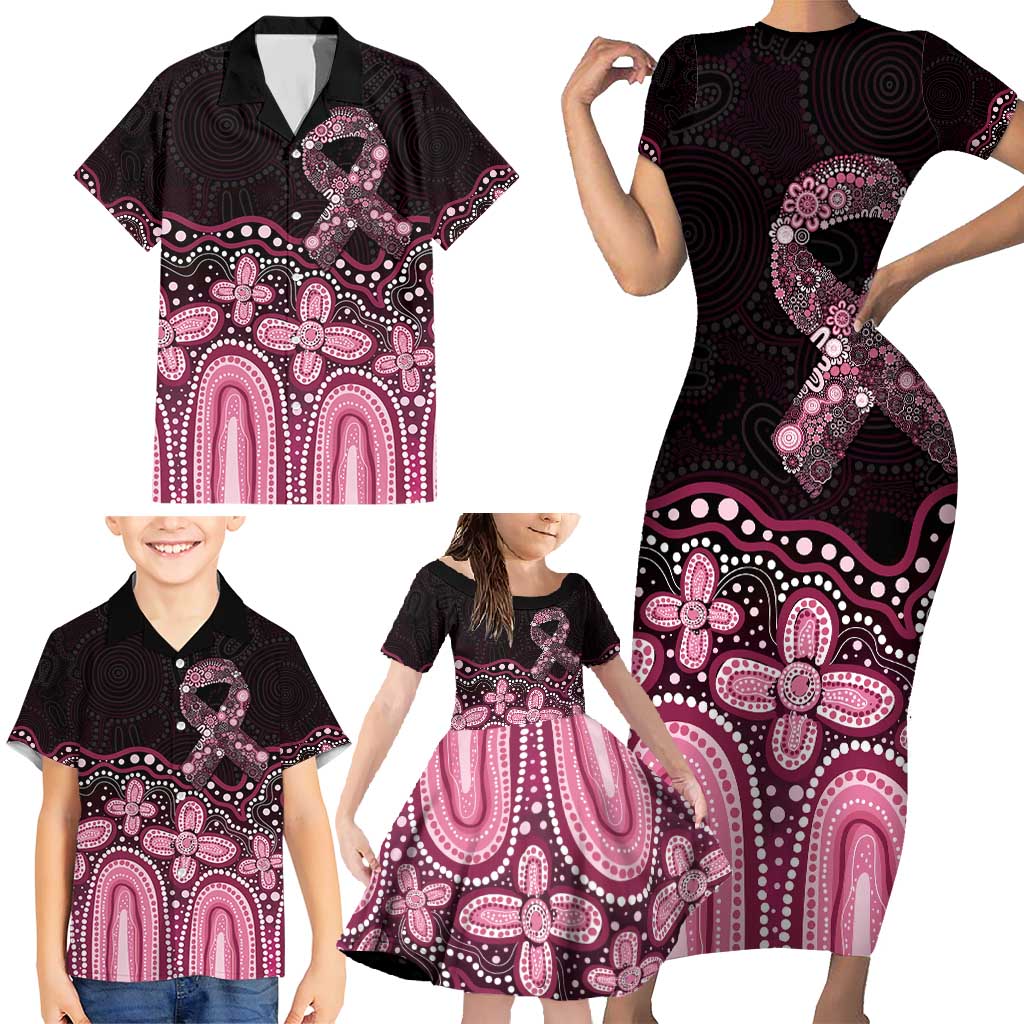 Australia Indigenous Personalized Family Matching Short Sleeve Bodycon Dress and Hawaiian Shirt Aboriginal Pink Ribbon Art
