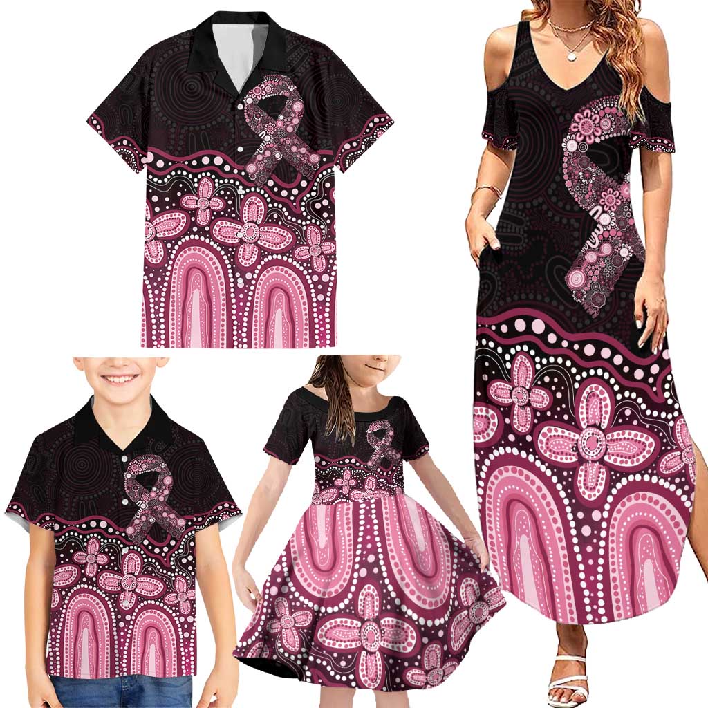 Australia Indigenous Personalized Family Matching Summer Maxi Dress and Hawaiian Shirt Aboriginal Pink Ribbon Art
