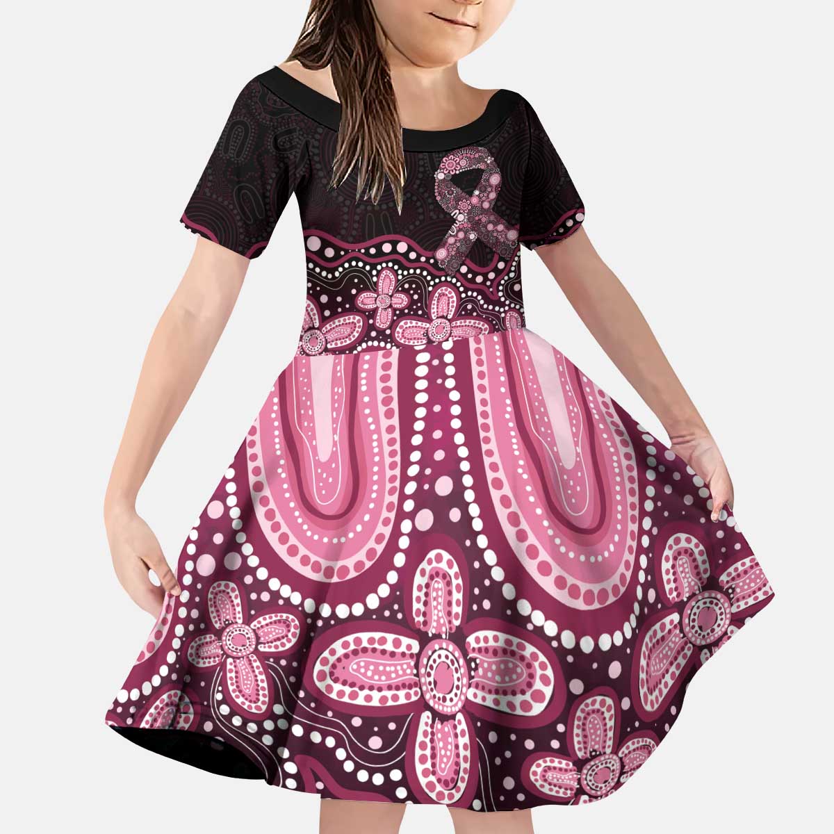 Australia Indigenous Personalized Kid Short Sleeve Dress Aboriginal Pink Ribbon Art