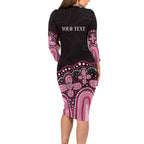 Australia Indigenous Personalized Long Sleeve Bodycon Dress Aboriginal Pink Ribbon Art
