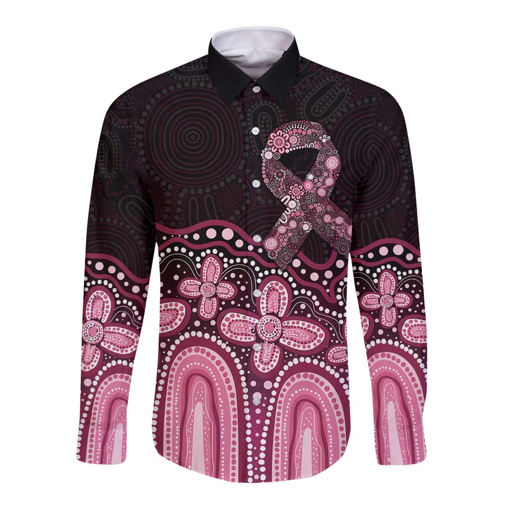 Australia Indigenous Personalized Long Sleeve Button Shirt Aboriginal Pink Ribbon Art
