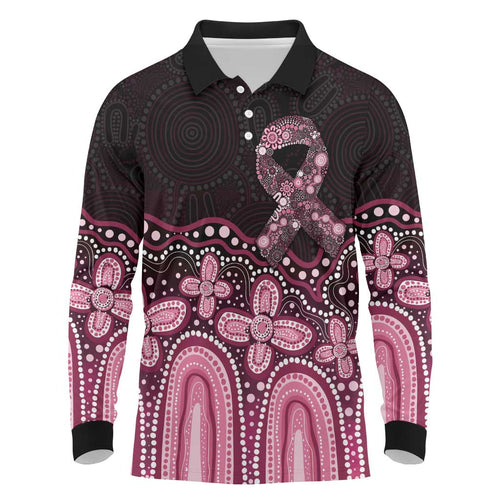 Australia Indigenous Personalized Long Sleeve Polo Shirt Aboriginal Pink Ribbon Art