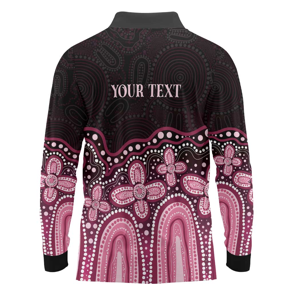 Australia Indigenous Personalized Long Sleeve Polo Shirt Aboriginal Pink Ribbon Art