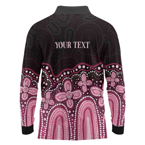 Australia Indigenous Personalized Long Sleeve Polo Shirt Aboriginal Pink Ribbon Art