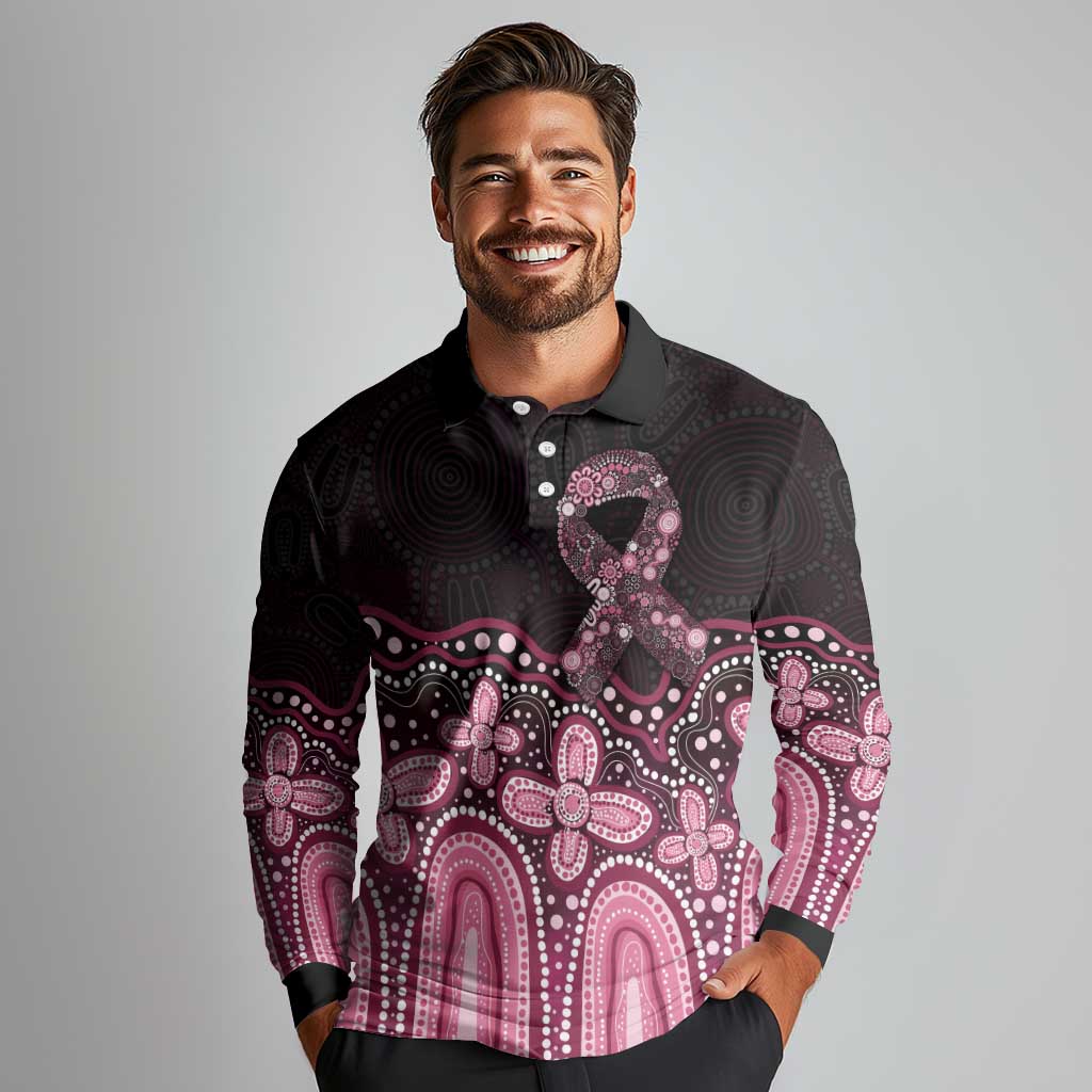 Australia Indigenous Personalized Long Sleeve Polo Shirt Aboriginal Pink Ribbon Art