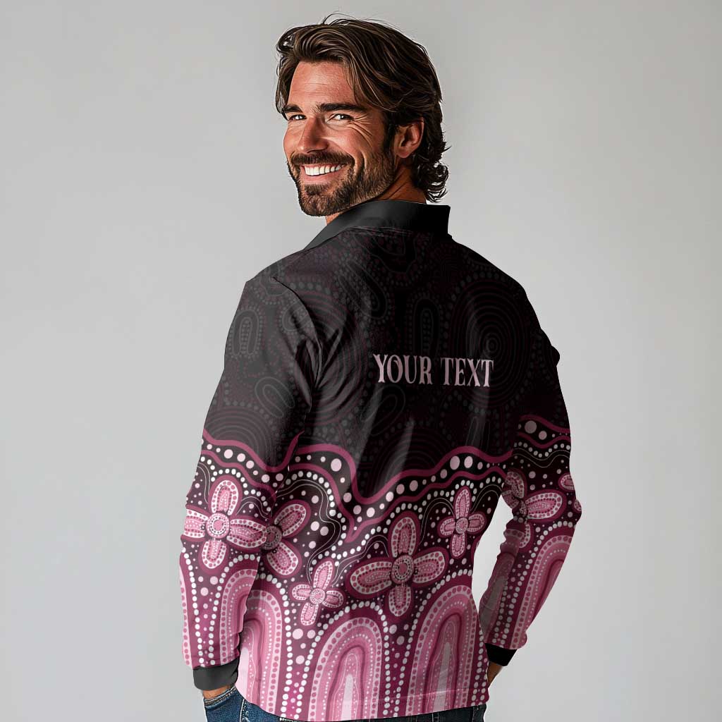 Australia Indigenous Personalized Long Sleeve Polo Shirt Aboriginal Pink Ribbon Art