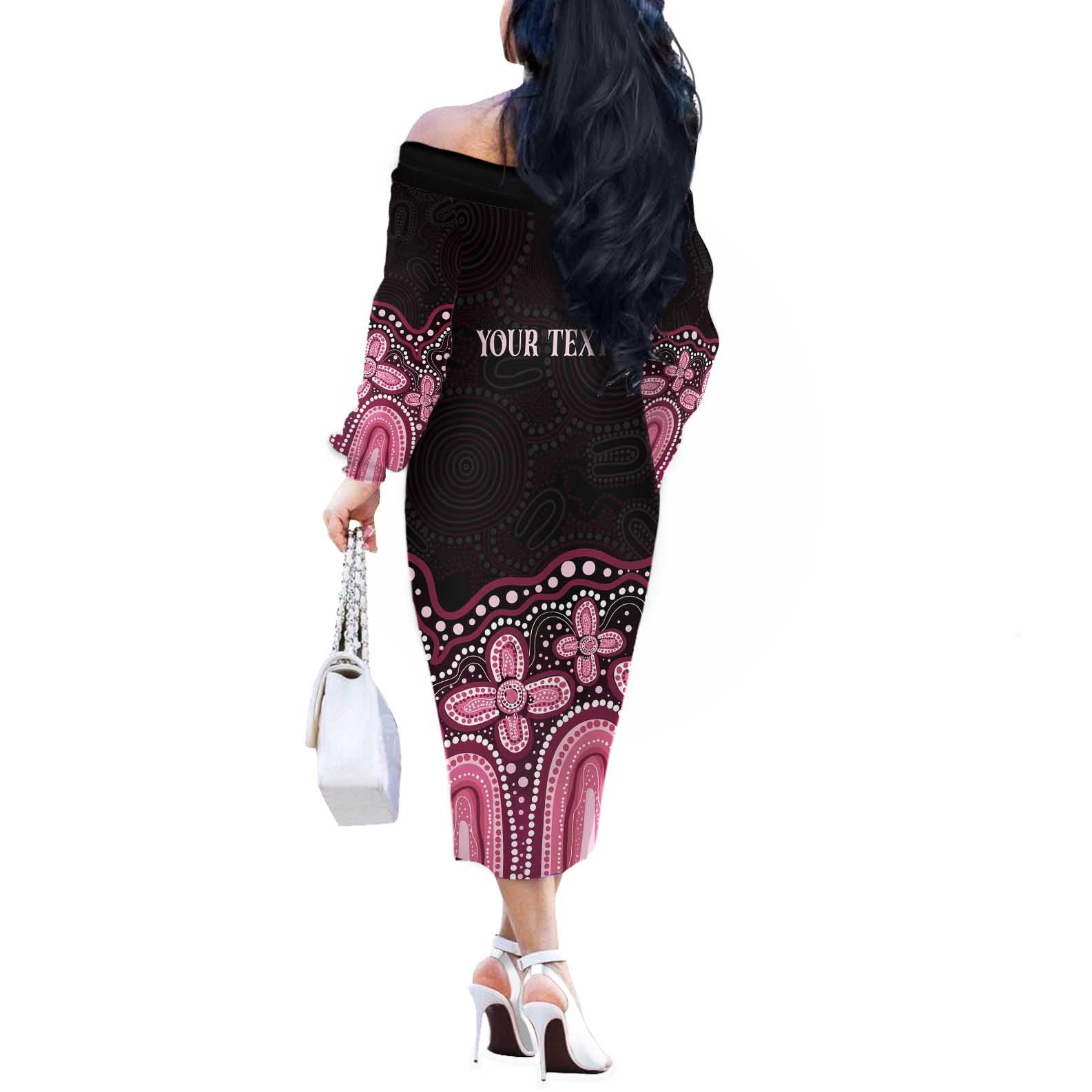 Australia Indigenous Personalized Off The Shoulder Long Sleeve Dress Aboriginal Pink Ribbon Art